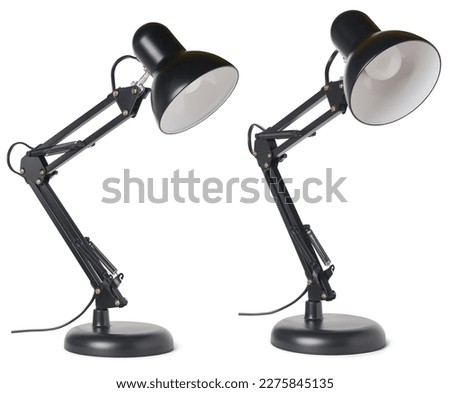 set of vintage black desk lamp isolated on white background, taken in different angles, interior office or home decoration concept, template mock-up Royalty-Free Stock Photo #2275845135