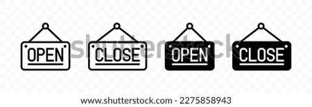 Open and close icon set. Open and close hanger board icons on transparent background. Open close sign on wooden board. Open and close board symbol hanging in shop, restaurant, vector illustration Royalty-Free Stock Photo #2275858943