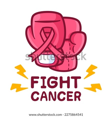 Pink boxing gloves and ribbon on isolated white background. Breast cancer concept. Vector illustration clip art flat design for banner and poster.