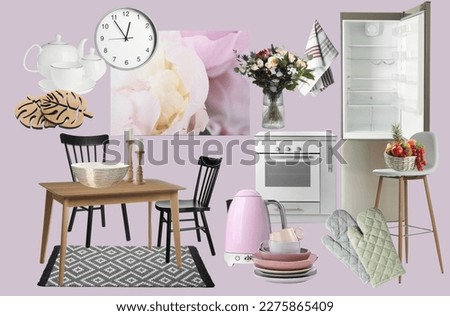 Kitchen interior design. Collage with different combinable furniture and decorative elements on pale pink background