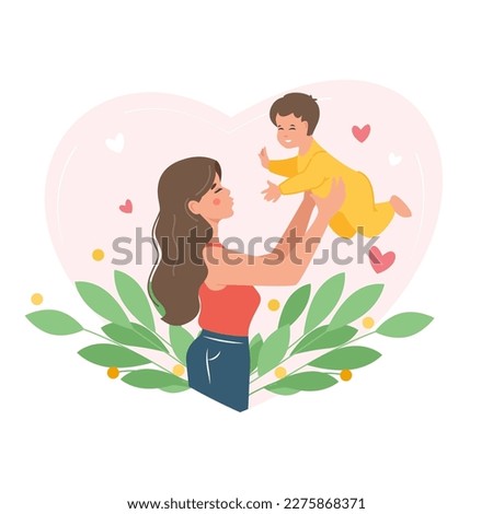 Young beautiful woman holding baby in her raised arms. Greeting card for Happy Mothers Day. Vector illustration in a flat style