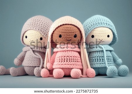 Creative concept children toy or hobby interest composition. Many cute crocheted knitted dolls animals toys isolated. mock up. view, copy space. top. flat lay	
 Royalty-Free Stock Photo #2275872735