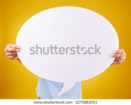 Social media, woman and hands with mockup speech bubble for opinion, marketing space or brand advertising. Product placement info, branding billboard or person with voice mock up on yellow background