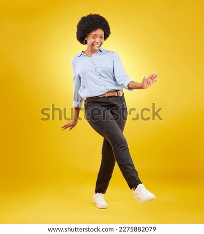 Dance, excited and happy black woman on yellow background with motivation, dancing and smile. Winner mockup, wow portrait and isolated full body of girl for freedom, winning and success in studio