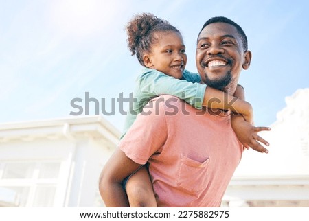 Mockup, piggy back and black father with girl, outside new house and playful family with love and happiness. African American dad carry daughter, happy child and kid with smile, fun and cheerful Royalty-Free Stock Photo #2275882975