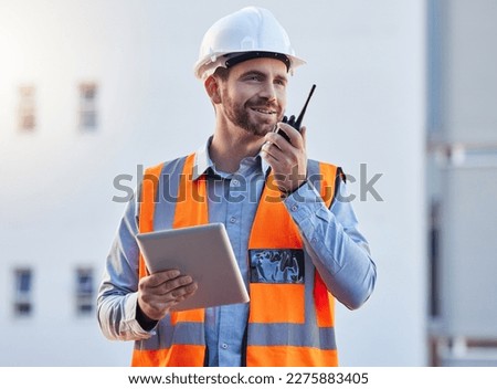 Walkie talkie of construction worker man for project management, planning or communication on tablet workflow. Architecture, contractor or happy engineering person with 5g tech for industrial update Royalty-Free Stock Photo #2275883405