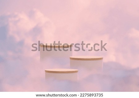Surreal podium outdoor on blue sky pink violet pastel soft clouds with space.Beauty cosmetic product placement pedestal present stand minimal display,summer paradise dreamy concept.