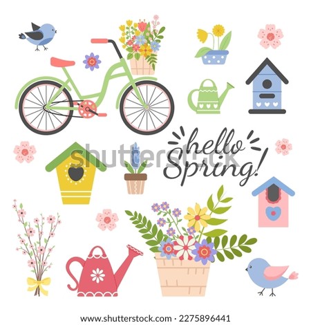 Cute spring greeting card with lettering. Hello spring! Bicycle, basket of flowers, birds and birdhouses. Garden tools. Bouquet of flowers. Hand drawn flat cartoon elements. Vector illustration