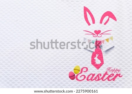 Happy Easter card background idea, Pink  Easter rabit with necktie and bunting flag and Easter egg on white texture background