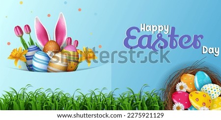 happy easter banner sky blue background with nest, eggs and flowers illustration
