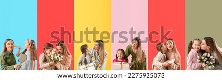 Collage of happy woman and her adorable little daughter on color background. Happy Mother's Day