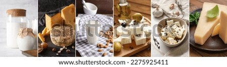 Collage of tasty dairy products on table Royalty-Free Stock Photo #2275925411