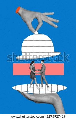 Photo cartoon sketch collage picture of happy smiling couple dancing together restaurant tray together isolated drawing background