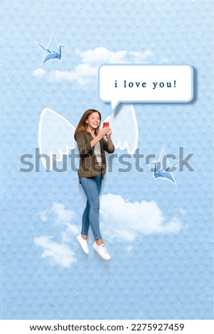 Vertical collage image of excited positive girl wings flying sky use smart phone chatting i love you isolated on painted background