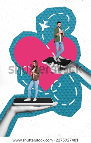Vertical collage image of arms hold smart phone screen stand two mini people chatting send airplane message big heart
