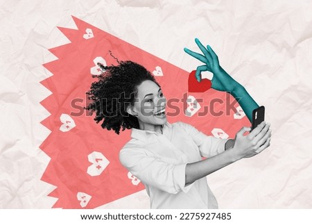 Creative collage picture of amazed positive black white gamma girl use smart phone arm give heart like notification