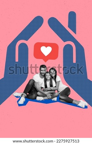 Exclusive magazine picture sketch collage image of arms protecting smiling happy family isolated painting background