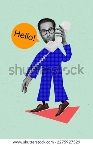 Artwork magazine collage picture of impressed funky guy answering cable call phone isolated drawing background