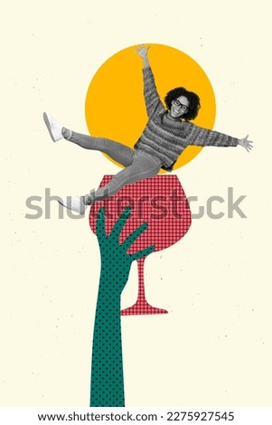 Photo collage artwork minimal picture of funny drunk lady sitting big wine glass isolated drawing background