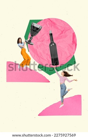 Collage artwork graphics picture of smiling happy ladies enjoying tasty wine isolated painting background