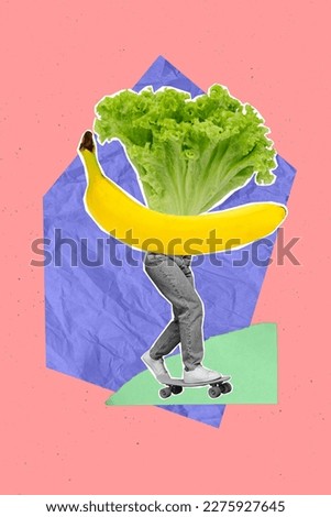Artwork magazine collage picture of lady riding skateboard banana salad instead of body head isolated drawing background