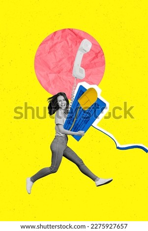 Collage artwork graphics picture of happy excited lady hoding obsolete devices isolated painting background