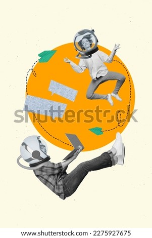 Creative abstract template graphics collage image of funny colleagues wear space helmets chatting isolated drawing background