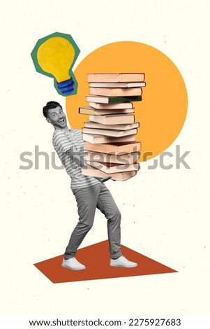 Exclusive magazine picture sketch collage image of funny funky guy having cool idea holding book pile isolated painting background