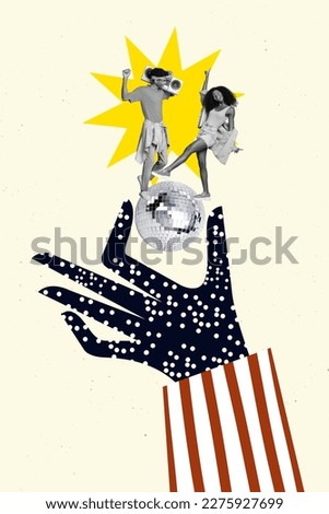 Photo cartoon comics sketch collage picture of arm holding disco ball couple having fun isolated drawing background