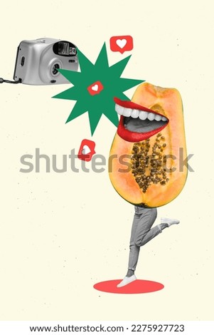 Photo collage artwork minimal picture of woman girl fruit instead of body recording video vlog isolated drawing background