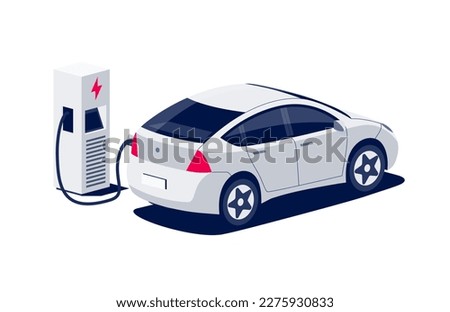 Modern electric crossover car charging at fast charger ev station with a plug in cable. Electrified battery vehicle transportation. Isolated flat vector illustration on white background. Rear view. Royalty-Free Stock Photo #2275930833