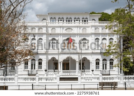 Old, Vintage architecture of the Whitehall building located in the row of the Magnificent Seven in Port of Spain, Trinidad. Royalty-Free Stock Photo #2275938761