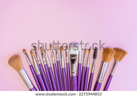 Beauty and fashion concept. Flat lay, professional makeup brushes on a pink background. Place for text. Macro, selective focus, horizontal photo, top view. Kyiv, Kiev, Ukraine, Europe.