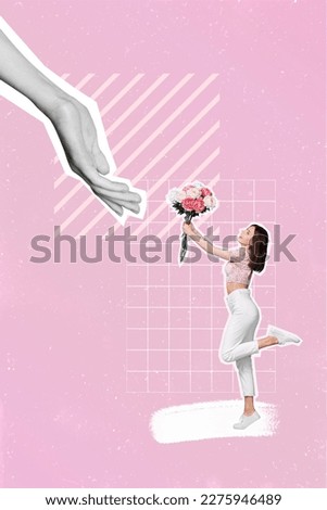 Vertical pink creative 3d collage artwork poster picture of big arm give bouquet beautiful lady isolated on drawing background