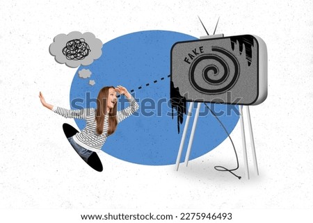 Composite collage picture of excited addicted girl hole look interested fake news tv isolated on creative background Royalty-Free Stock Photo #2275946493