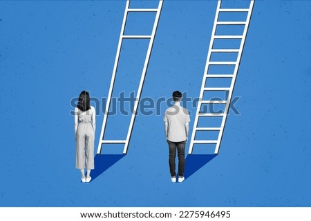 Collage 3d photo banner billboard artwork picture image poster of two people hard business task isolated on blue drawing background