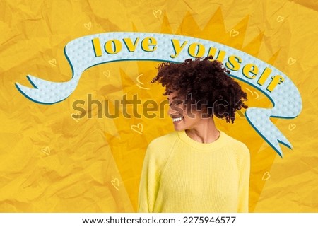 Collage 3d photo billboard artwork picture image poster of lovely dreamy girlfriend love herself isolated on yellow drawing background