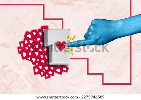 Creative collage image pinup picture artwork of human woman man arm touch heart shape dream many likes isolated on painted background