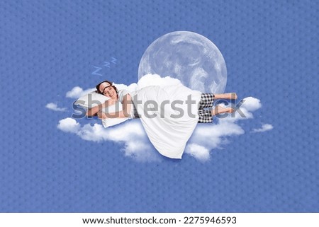 Creative photo collage image picture artwork of dreamy cute girl lying falling asleep comfy place isolated on painted background