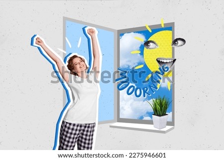 Collage 3d artwork image picture poster of positive happy girl enjoy sunny weather outside isolated on drawing background