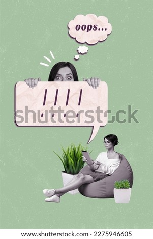 Vertical creative 3d collage sketch artwork poster of beautiful lady sitting chair typing sms send email isolated on drawing background