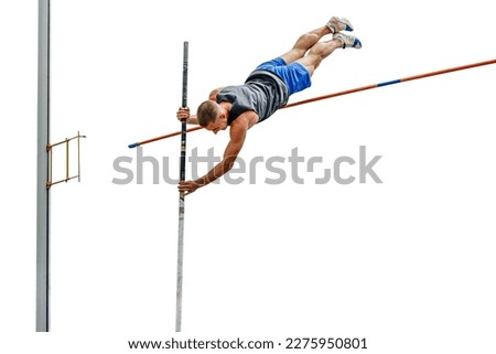athlete jumper failed attempt pole vault on white background, sports photo Royalty-Free Stock Photo #2275950801