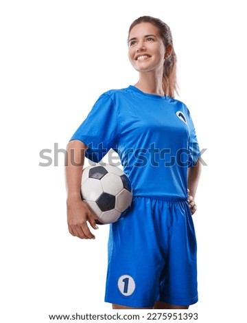  Portrait of young female soccer player with soccer ball standing isolated Background.