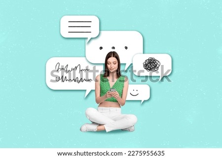 3d retro abstract creative artwork template collage of happy smiling lady texting telegram facebook isolated painting background