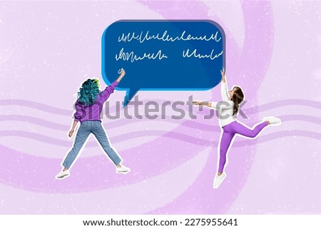 Photo collage artwork minimal picture of excited ladies writing speaking cloud blackboard isolated drawing background