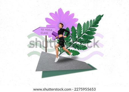 Collage artwork graphics picture of smiling charming lady running yoga classes isolated painting background