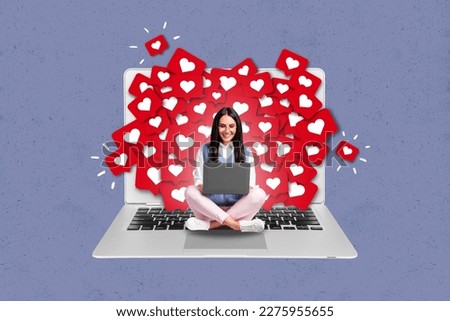 Exclusive magazine picture sketch collage image of happy smiling lady getting feedback modern device isolated painting background Royalty-Free Stock Photo #2275955655