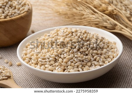 Uncooked barley grain seeds, pearl barley in white plate on wood table Royalty-Free Stock Photo #2275958359