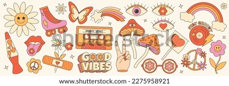 Retro groovy hippie 70s set. Sticker collection in trendy retro psychedelic cartoon style. Mushroom, flower, eye, rainbow, butterfly, good vibes Royalty-Free Stock Photo #2275958921