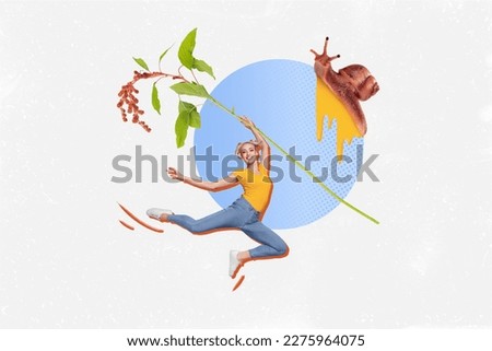 Collage photo of youngster careless girl jumping sporty hold wildflower funny slither support nature environment isolated on white blue background